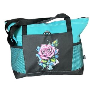 Brand New Tote Black & Teal with Pink Rose 2 Mesh Pockets, Phone Pocket&Pen Loop